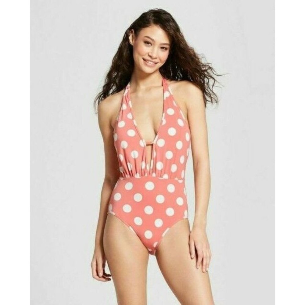 Sunn Lab Antique Pink Polka Dot One Piece Swimsuit Plunge Size Small NEW